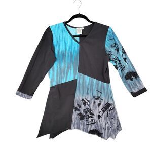 PARSLEY & SAGE Blue Artsy Patchwork Art To Wear Handkerchief Hem Top SIZE SMALL